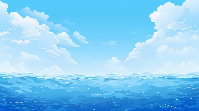 Hand drawn cartoon blue sky and sea illustration background

