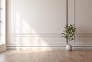 Fototapeta na wymiar white room with wooden floors and a potted plant