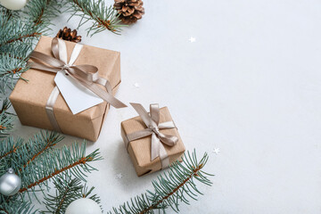 Fototapeta na wymiar Christmas tree branches and gift boxes on white background
