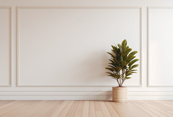 white room with wooden floors and a potted plant