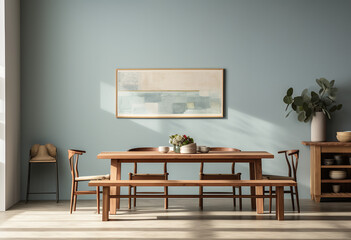 wood dining room interior. Gray wood chairs, brown table