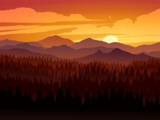 Fotobehang Late sunset landscape illustration in mountain range with forest  © Johnster Designs