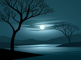 Moonrise over the river. Vector nature landscape