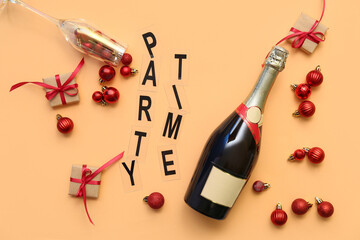 Text PARTY TIME with Christmas balls, champagne and gift boxes on orange background