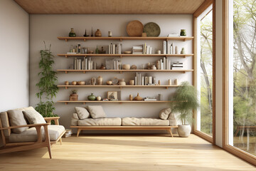 wood shelf living room interior with window