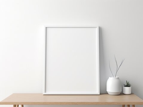 empty white picture frame mock up on table interior design in scandinavian style can be use for quote text, advertising