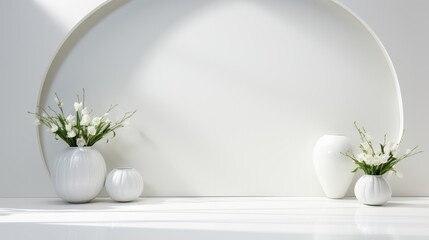 Trio of White Vases with Blooms.
Three white vases with delicate white flowers on a clean, bright surface.