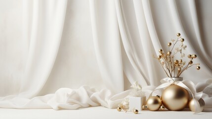 Golden Glamour Vase and Pearl Decor.
Luxurious golden vases paired with decorative pearls on a draped fabric background.