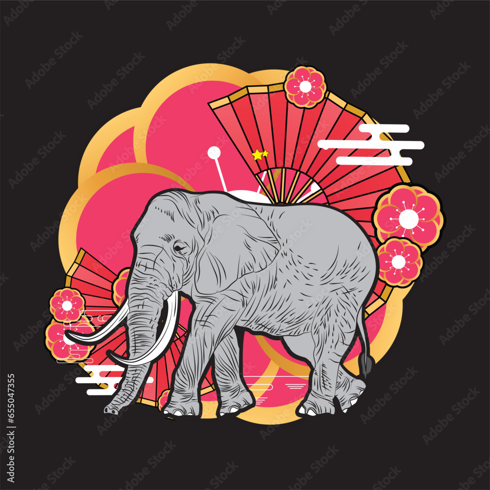 Poster elephant illustration design for sukajan is mean japan traditional cloth or t-shirt with digital hand drawn Embroidery Men T-shirts Summer Casual Short Sleeve Hip Hop T Shirt Streetwear