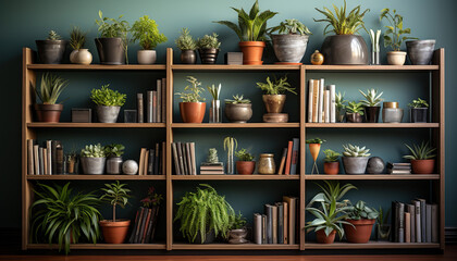Bookshelf with books and vases and plants, Decoration with plants, urbanism concept - obrazy, fototapety, plakaty