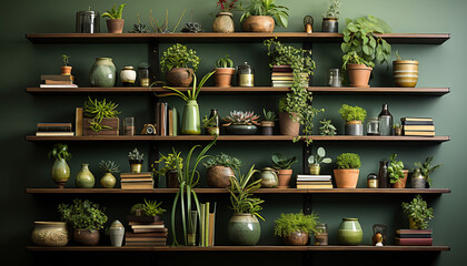 Bookshelf with books and vases and plants, Decoration with plants, urbanism concept - obrazy, fototapety, plakaty