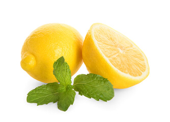 Juicy lemons with mint on white background