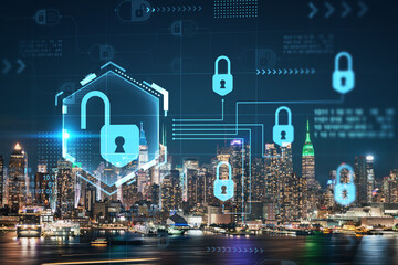 New York City skyline from New Jersey over the Hudson River with the skyscrapers at night, Manhattan, Midtown, USA. The concept of cyber security to protect confidential information, padlock hologram