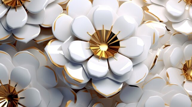 White hexagons stylized in the form of decorative convex modules resembling flowers with silver and golden leaves. 3d illustration. High quality image for print and web