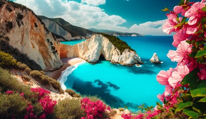 Wonderful nature view on most beautiful beaches of Greece at sunny day. Porto Katsiki in Lefkada. Ionian islands. Stunning nature landscape with flowers on background. concept ideal resting place - obrazy, fototapety, plakaty