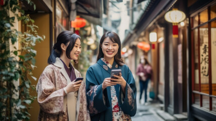 Fototapeta premium young girl friends travelers walking in old street path surrounding by japanese local traditional shop store generative ai