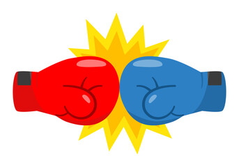 Red and blue boxing gloves fight battle in flat design on white background.