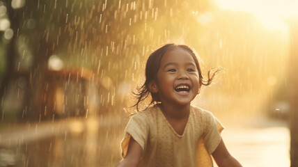 Happy asian little child girl having fun to play with the rain in the evening sunlight.