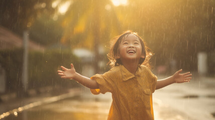 Happy asian little child girl having fun to play with the rain in the evening sunlight. - obrazy, fototapety, plakaty