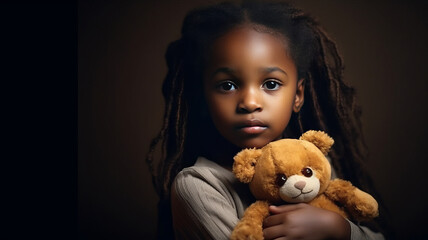 little african american girl hug her doll and cry or scare or sad or feel bad. - obrazy, fototapety, plakaty