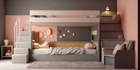 Modern teen bedroom featuring a custom-made with bunk bed, cozy and efficient generative ai - obrazy, fototapety, plakaty