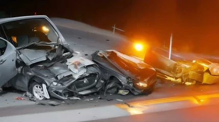 Tuinposter 夜の道路での自動車事故｜Car accident on the road at night. Generative AI © happy Wu 