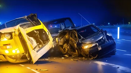 Gordijnen 夜の道路での自動車事故｜Car accident on the road at night. Generative AI © happy Wu 