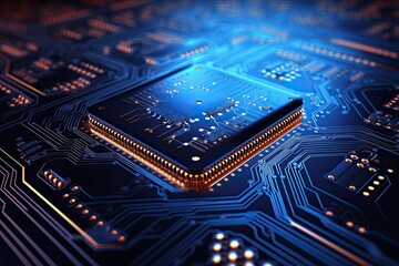 Technology background with macro image of microchip circuit - obrazy, fototapety, plakaty