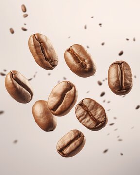 Coffee beans flying on light background © LeonPhoto