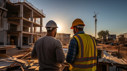 Fototapeta premium Construction engineer talks to the architect on the construction site.generative ai