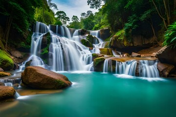 beautiful scene of waterfall in the jungle, waterfall background, waterfall wallpaper, tropical waterfall, waterfall wildlife