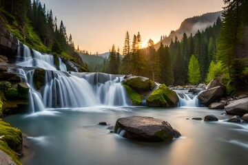 waterfall in the mountains and forest at sunrise, waterfall background, waterfall wallpaper, tropical waterfall, waterfall wildlife