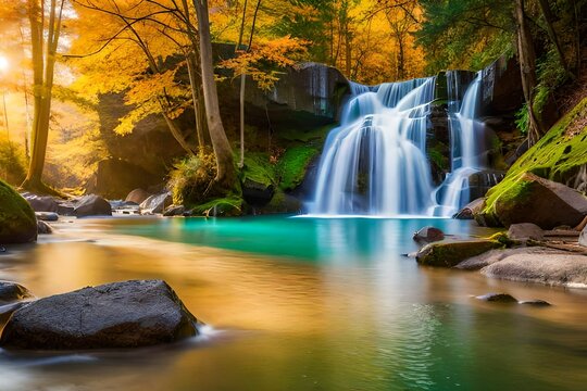 waterfall in autumn forest with clear water and rocks, waterfall background, waterfall wallpaper, tropical waterfall, waterfall wildlife