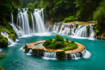 aerial view of waterfall in the jungle with trees, waterfall background, waterfall wallpaper - obrazy, fototapety, plakaty
