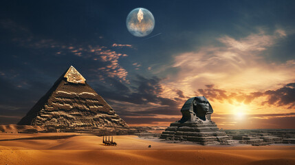 夜明けの空と雲に覆われるピラミッドとスフィンクス　Generative AI - obrazy, fototapety, plakaty