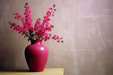 Magenta flowers in a vase with neutral background.