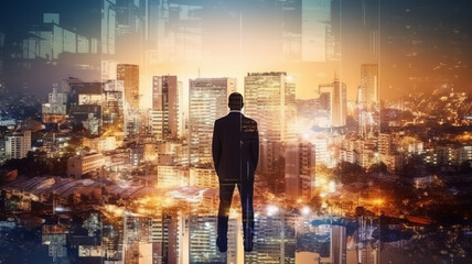 double exposure of the business man standing back during sunrise overlay with cityscape.generative ai
