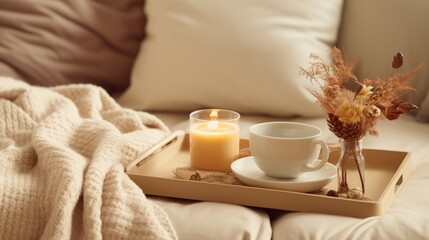 Fototapeta na wymiar Still life details in home interior of living room. Sweaters and cup of tea with steam on a serving tray on a coffee table. Breakfast over sofa in morning sunlight. Cozy autumn or winter concept