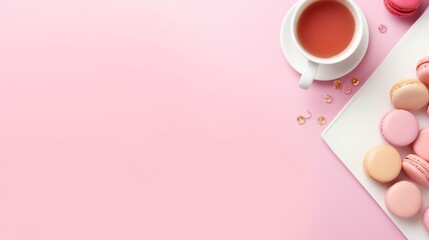 Styled stock photography pink office desk table with blank notebook, keyboard, macaroon, supplies and coffee cup. Top view with copy space. Flat lay - obrazy, fototapety, plakaty