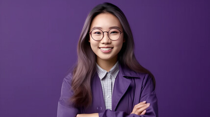 Young asian buisnesswoman wearing eyeglasses standing against purple background generative ai