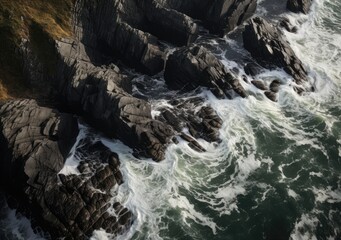 Aerial view of rocky coastline. Waves hitting in rocks. Birds eye view of the sea, cinimatic sea and moutain view. AI Generative.