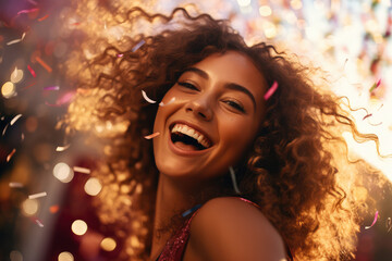 bright girl smiling with confetti in the air at a party