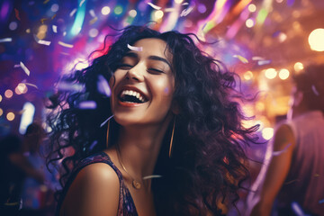 bright girl smiling with confetti in the air at a party