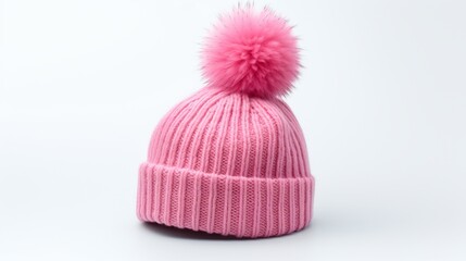 pink Winter Pom Pom Knit Hat Isolated On White Background. Warm Unisex Gray-White Woolen Knitted Cap with Big Pom Pom. Nature Wool.Close-up Side View