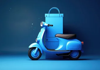 Cercles muraux Scooter Courier service Delivery. Creative concept design. Realistic 3d scooter, cardboard boxes. Time to Shopping. Landing page for website. Moto scooter and goods. AI Generative.