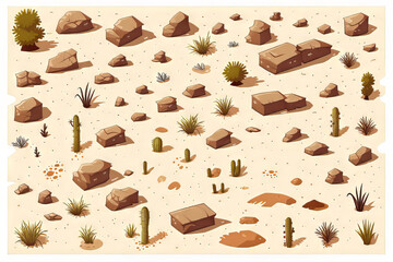 Top-down overhead illustration of rocky desert landscape with sparse foliage