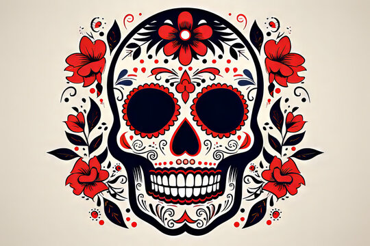 Day of the Dead skull, calavera white , black, red