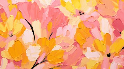 Seamless pattern of abstract painting pink and yellow flowers, original hand drawn, impressionism style, color texture, brush strokes of paint, art background. Modern art. Contemporary art