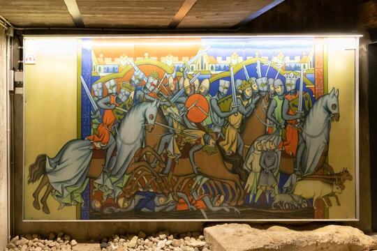Painting depicting the battle of the Crusaders with the Muslims on display at the Templar fortress in the Acre old city in northern Israel