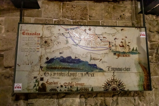 A schematic map of the crusader campaigns hangs on the wall of the Templar fortress in the Acre old city in northern Israel